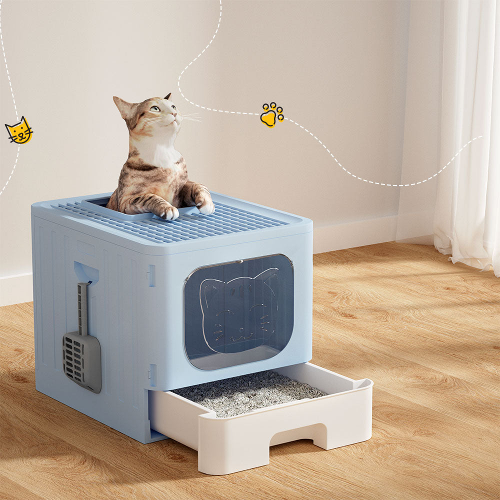 i.Pet Enclosed Foldable Cat Litter Box + Scoop - Blue