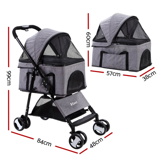 Pet Stroller Dog Pram Cat Carrier Travel Large Pushchair Foldable 4 Wheels Grey