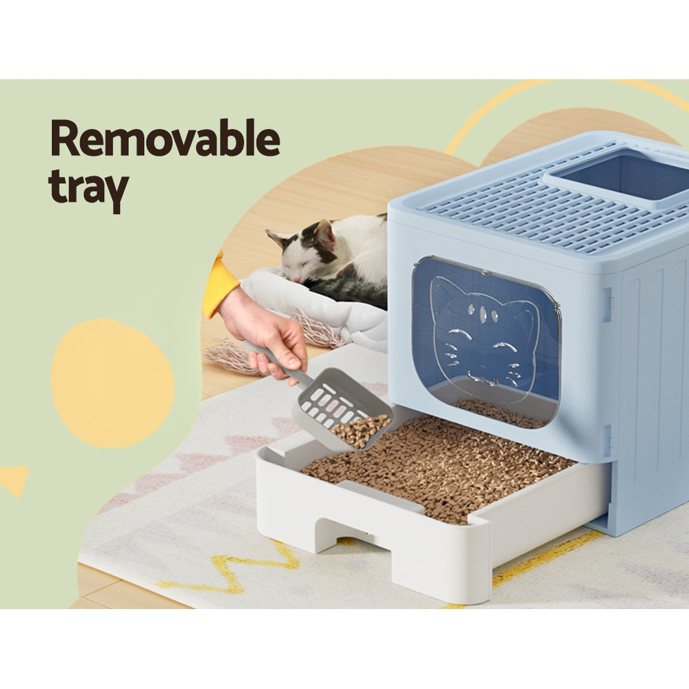 i.Pet Enclosed Foldable Cat Litter Box + Scoop - Blue