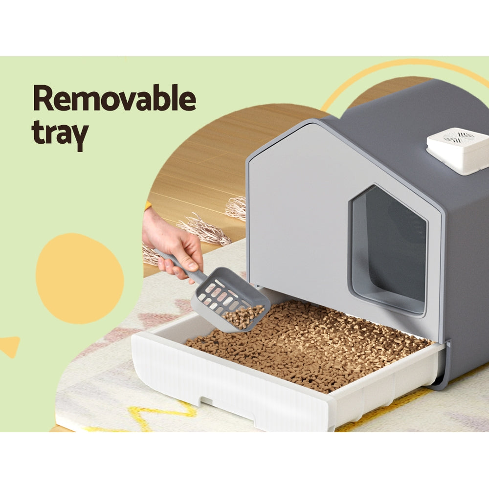 i.Pet Enclosed Cat Litter Box + Scoop & Mat - Grey