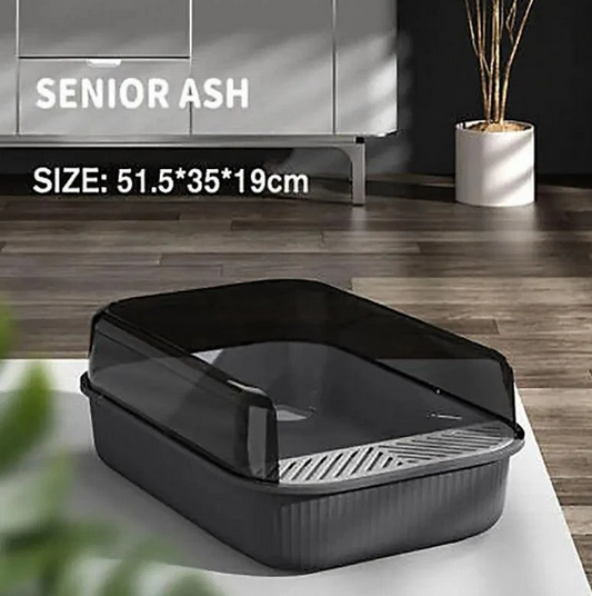 Litter Tray Box with Splash Guard and Wide Opening for Cats - Grey