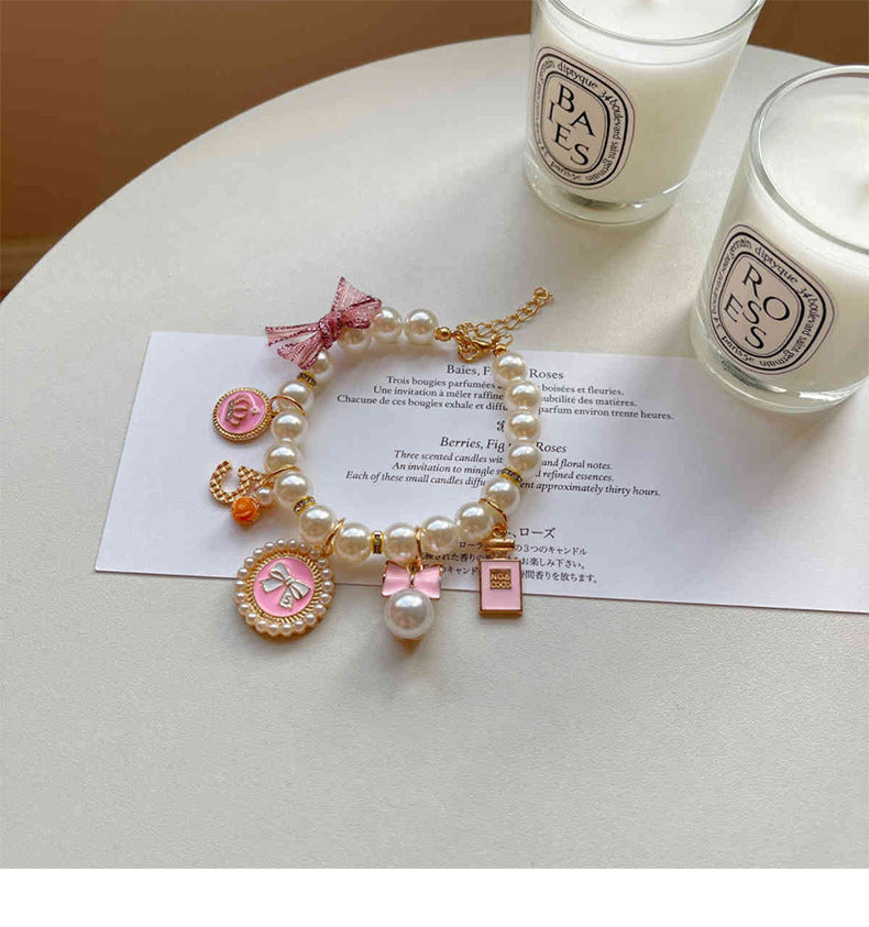 Pink Pearl Charm Pet Necklace - Adjustable Bowknot Collar (S: 20+5CM)