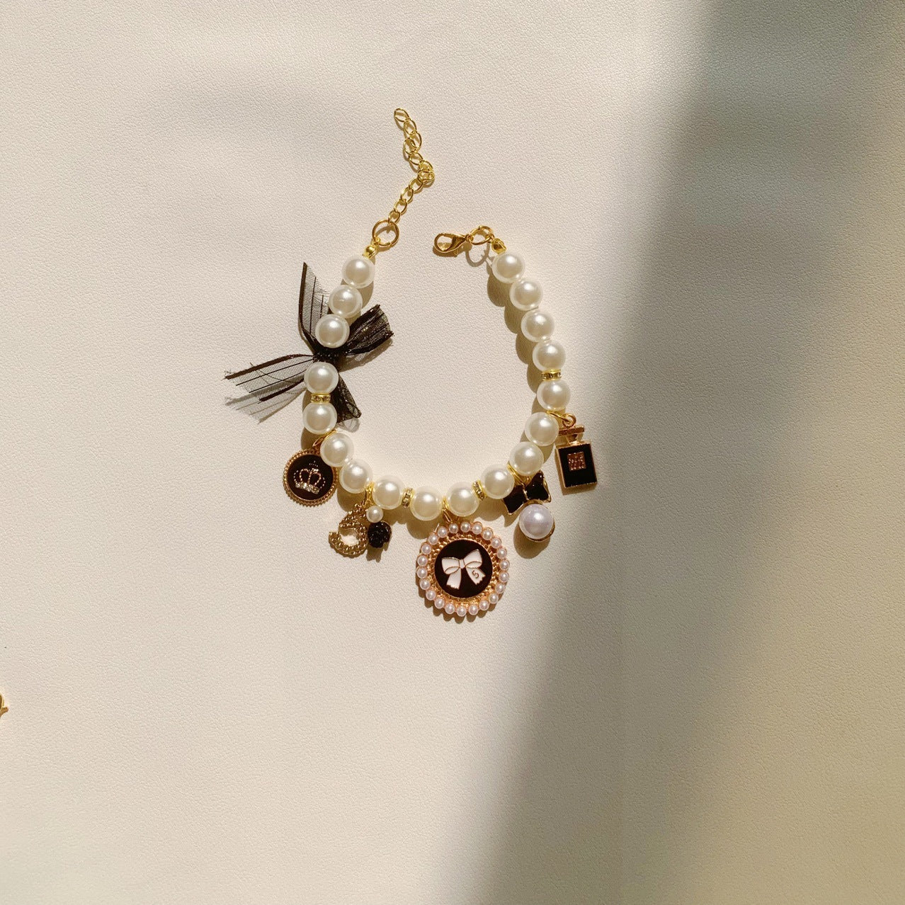 Black Pearl Charm Pet Necklace - Adjustable Bowknot Collar (S: 20+5CM)