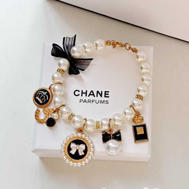 Black Pearl Charm Pet Necklace - Adjustable Bowknot Collar (M: 25+5CM)