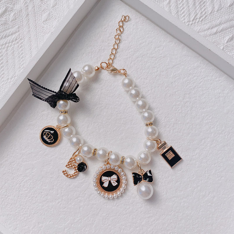 Black Pearl Charm Pet Necklace - Adjustable Bowknot Collar (M: 25+5CM)