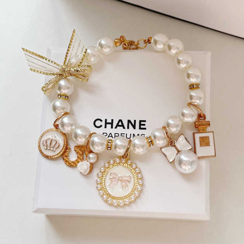 White Pearl Charm Pet Necklace - Adjustable Bowknot Collar (S: 20+5CM)