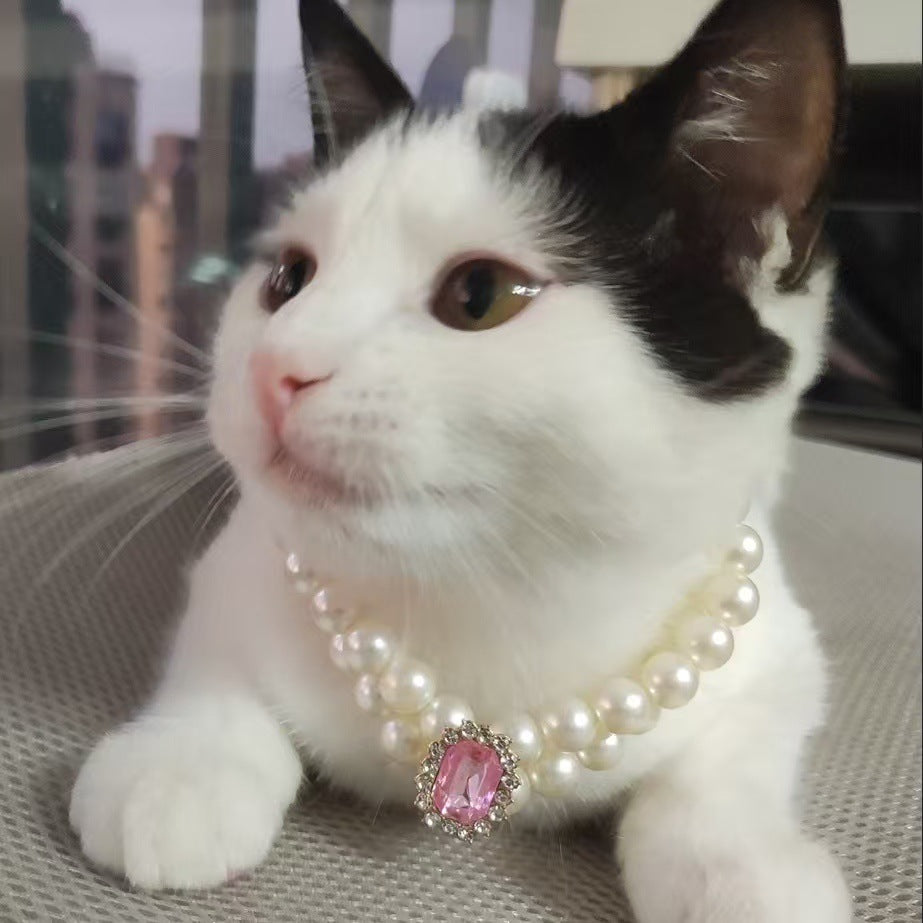 Pink Diamond Double Strand Pearl & Rhinestone Pet Necklace - Luxury Collar Size M (25-31CM)