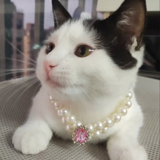 Pink Diamond Double Strand Pearl & Rhinestone Pet Necklace - Luxury Collar Size M (25-31CM)