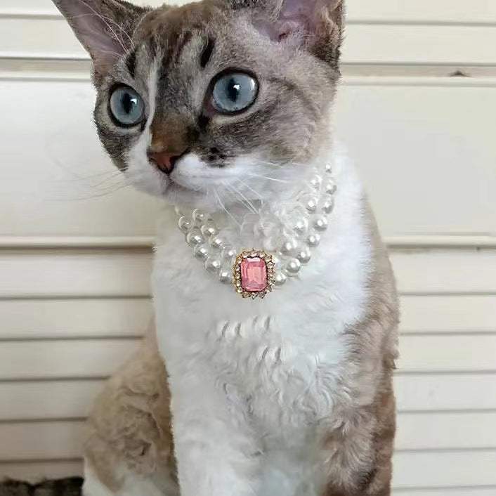 Pink Diamond Double Strand Pearl & Rhinestone Pet Necklace - Luxury Collar Size M (25-31CM)