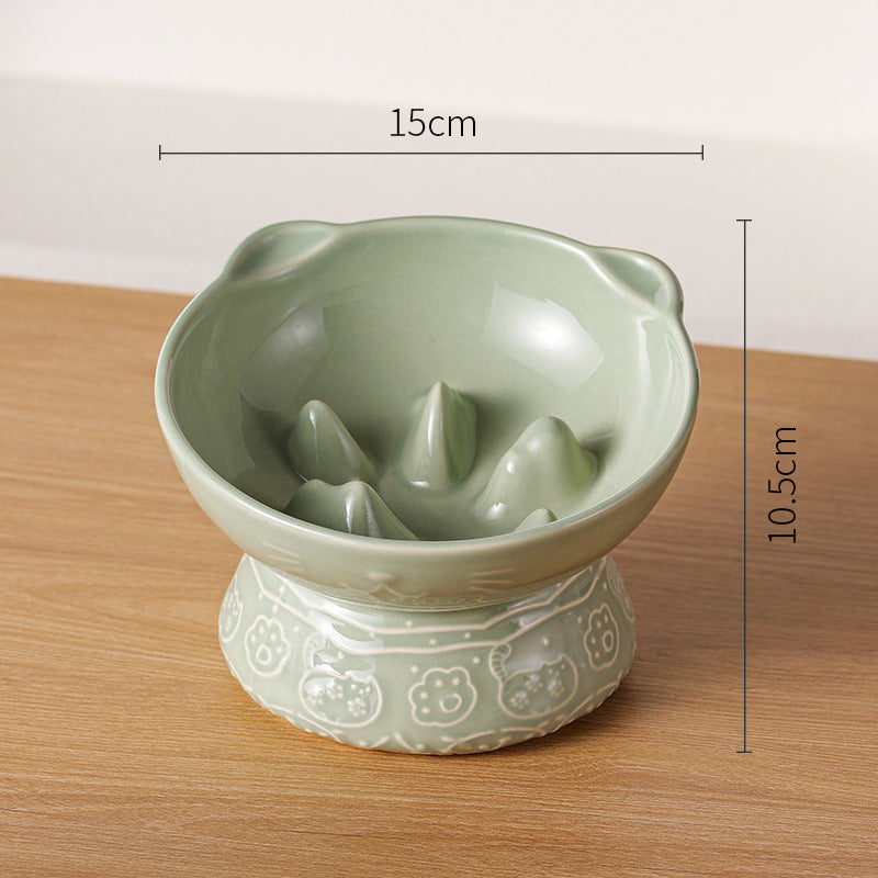 Green Vintage Slow Feeder Ceramic Pet Bowl - Anti-Choke Wide-Mouth Design