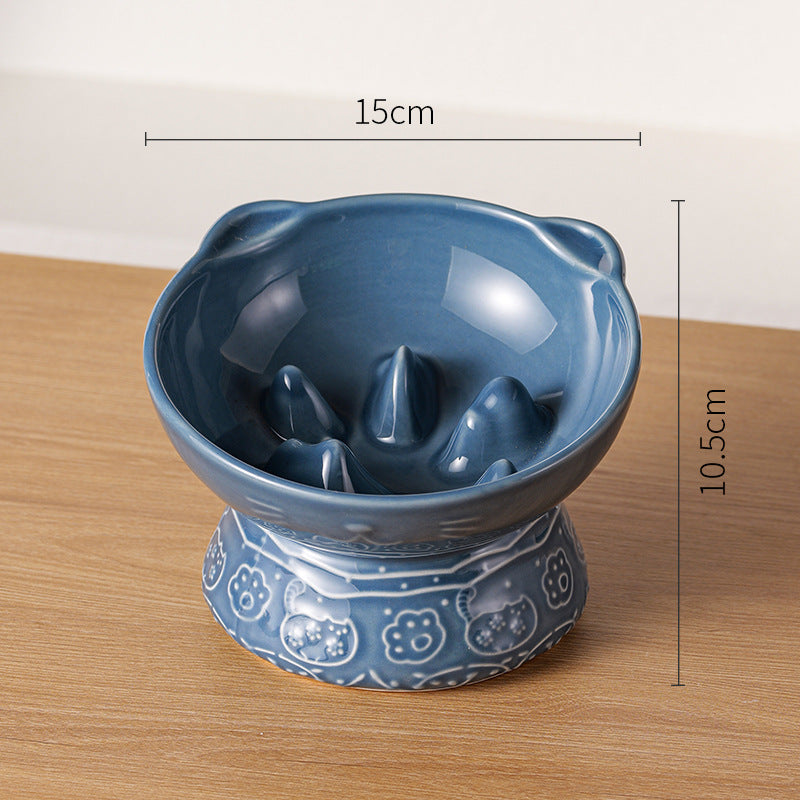 Blue Vintage Slow Feeder Ceramic Pet Bowl - Anti-Choke Wide-Mouth Design