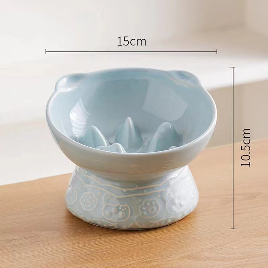 Light Blue Vintage Slow Feeder Ceramic Pet Bowl - Anti-Choke Wide-Mouth Design