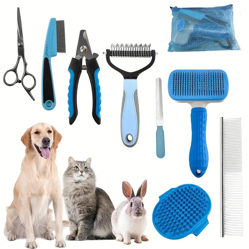 Blue Professional 9-Piece Pet Grooming Kit with Storage Bag