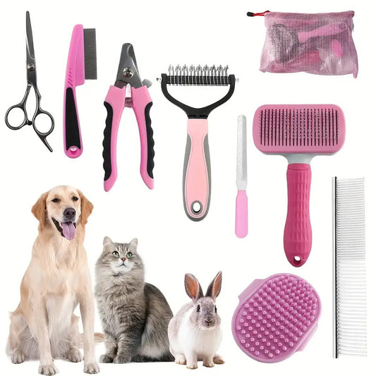 Pink Professional 9-Piece Pet Grooming Kit with Storage Bag