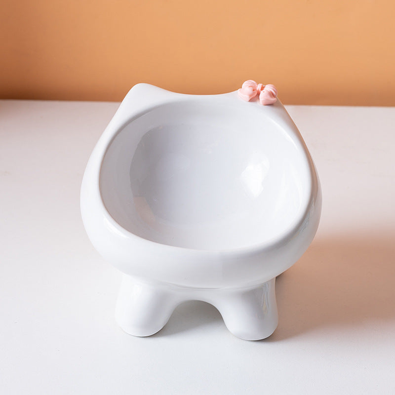White Ceramic Elevated Cat Bowl Tilted Raised Pet Feeder with Anti-Slip Base