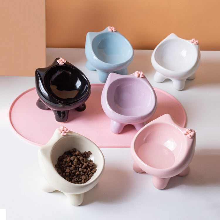 Pink Ceramic Elevated Cat Bowl Tilted Raised Pet Feeder with Anti-Slip Base