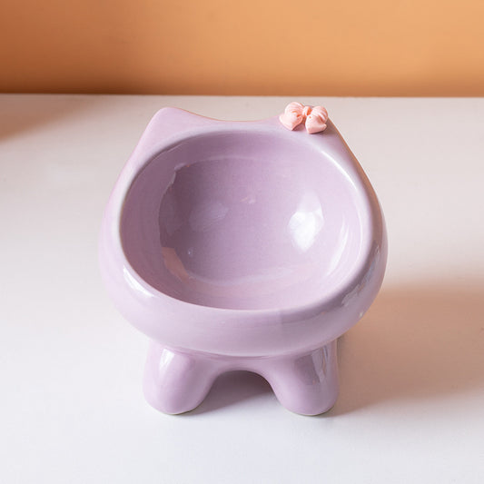 Purple Ceramic Elevated Cat Bowl Tilted Raised Pet Feeder with Anti-Slip Base