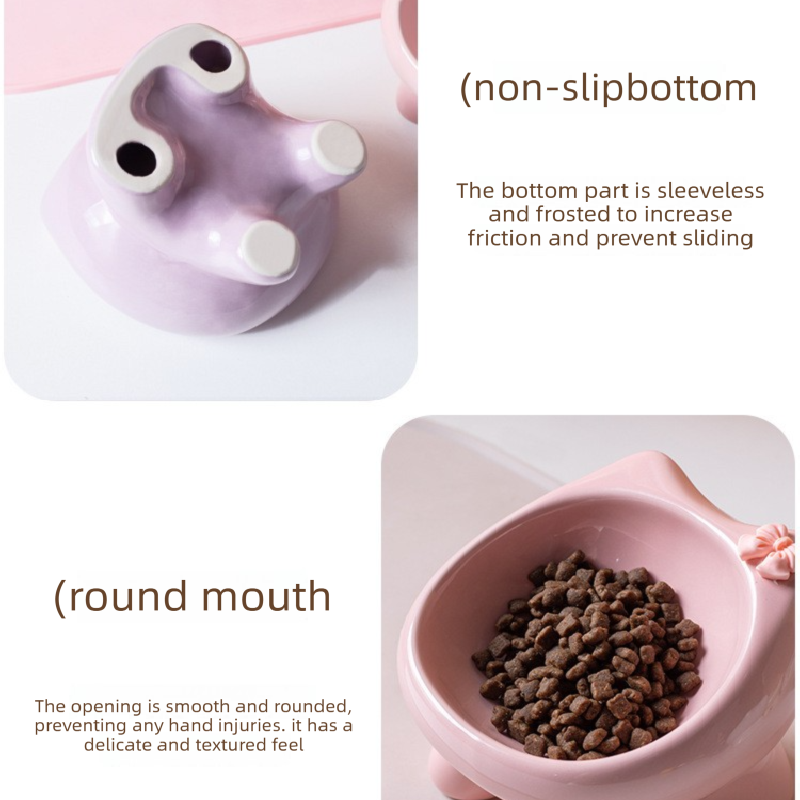 Beige Ceramic Elevated Cat Bowl Tilted Raised Pet Feeder with Anti-Slip Base