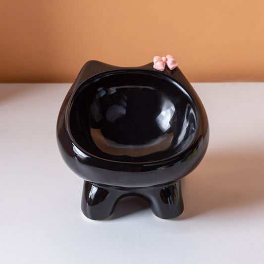 Black Ceramic Elevated Cat Bowl Tilted Raised Pet Feeder with Anti-Slip Base